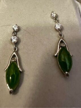 Genuine Jade Drop Earrings with cubic zirconium Accents NWOT
